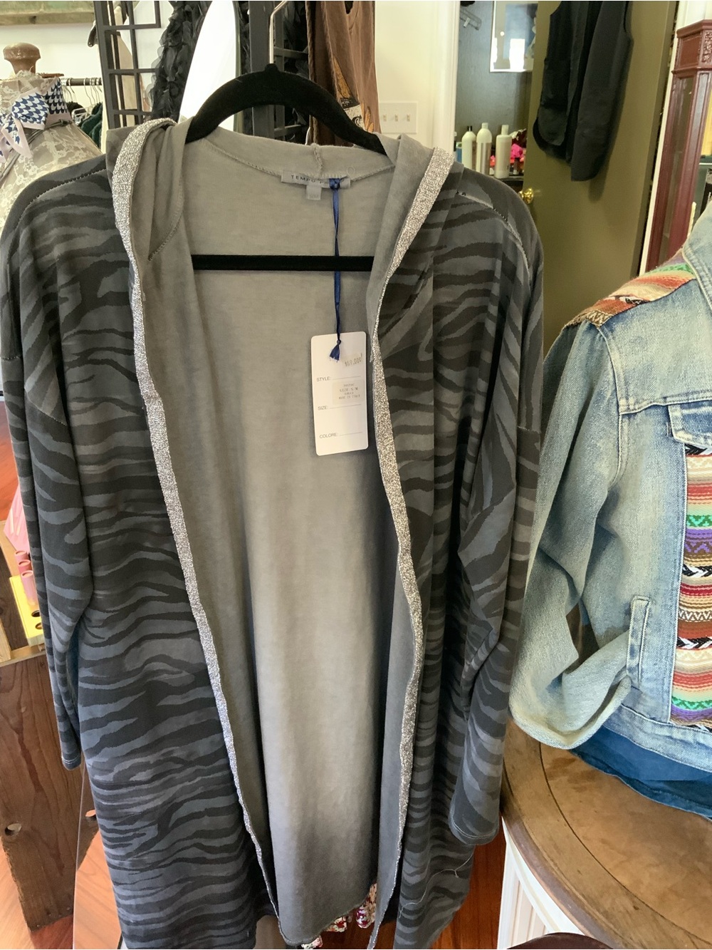Tempo Paris Gray Zebra-Stripe Hooded Cardigan with Silver Trim